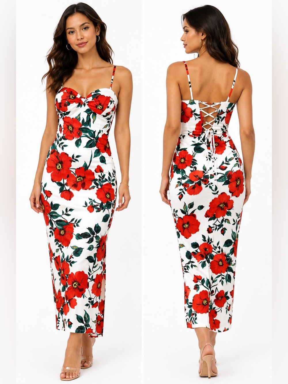 Honey and Rosie Red Floral Corset Midi Dress Size Small NWT